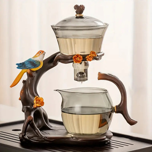 Elegant Tea Set with Waterfall Dispenser - Natural Design with Bird and Floral Details